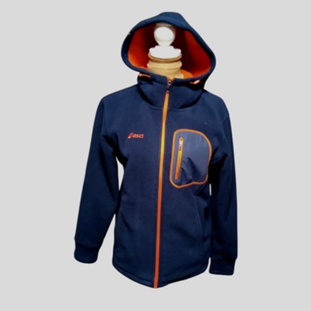 Asics Navy Fleece Hooded Zip Up Jacket orange trim size - Picture 2 of 5